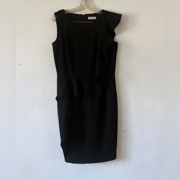 Calvin Klein Black Cocktail Ruffle Sheath Sleeveless Midi Career Wear Office 8 - Picture 1 of 11